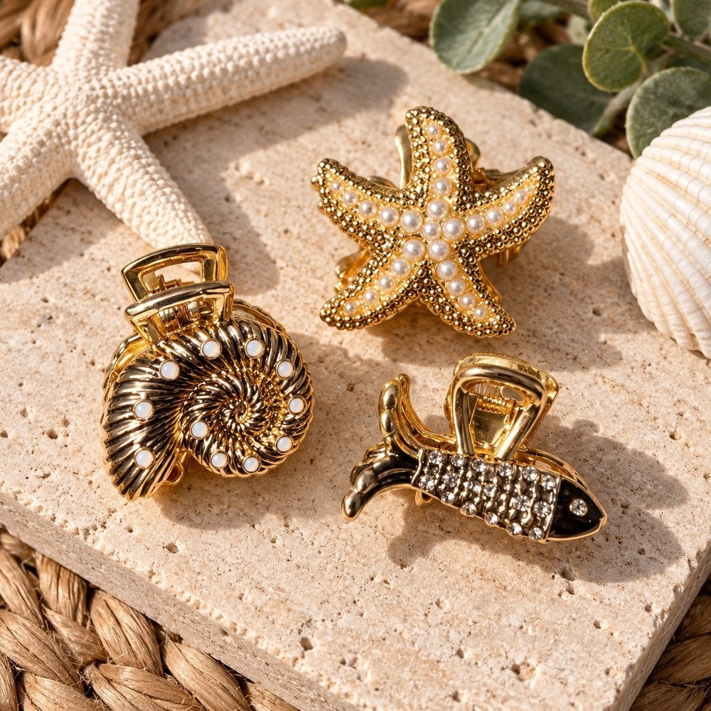 3pc Gold Nautical Hair Claw Clip Set Starfish Seashell Fish Pearl Rhinestone